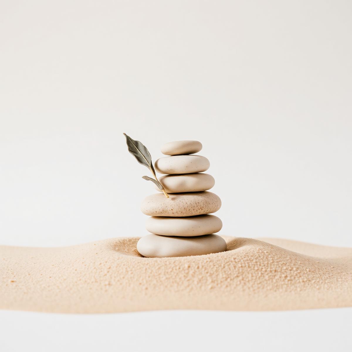 Piedras en equilibrio sobre arena cálida