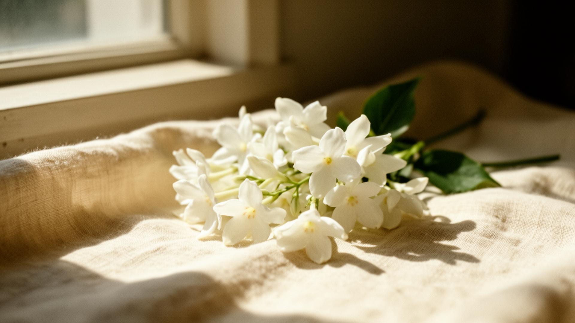 Flores blancas de jazmín reposando sobre lino cálido junto a la ventana