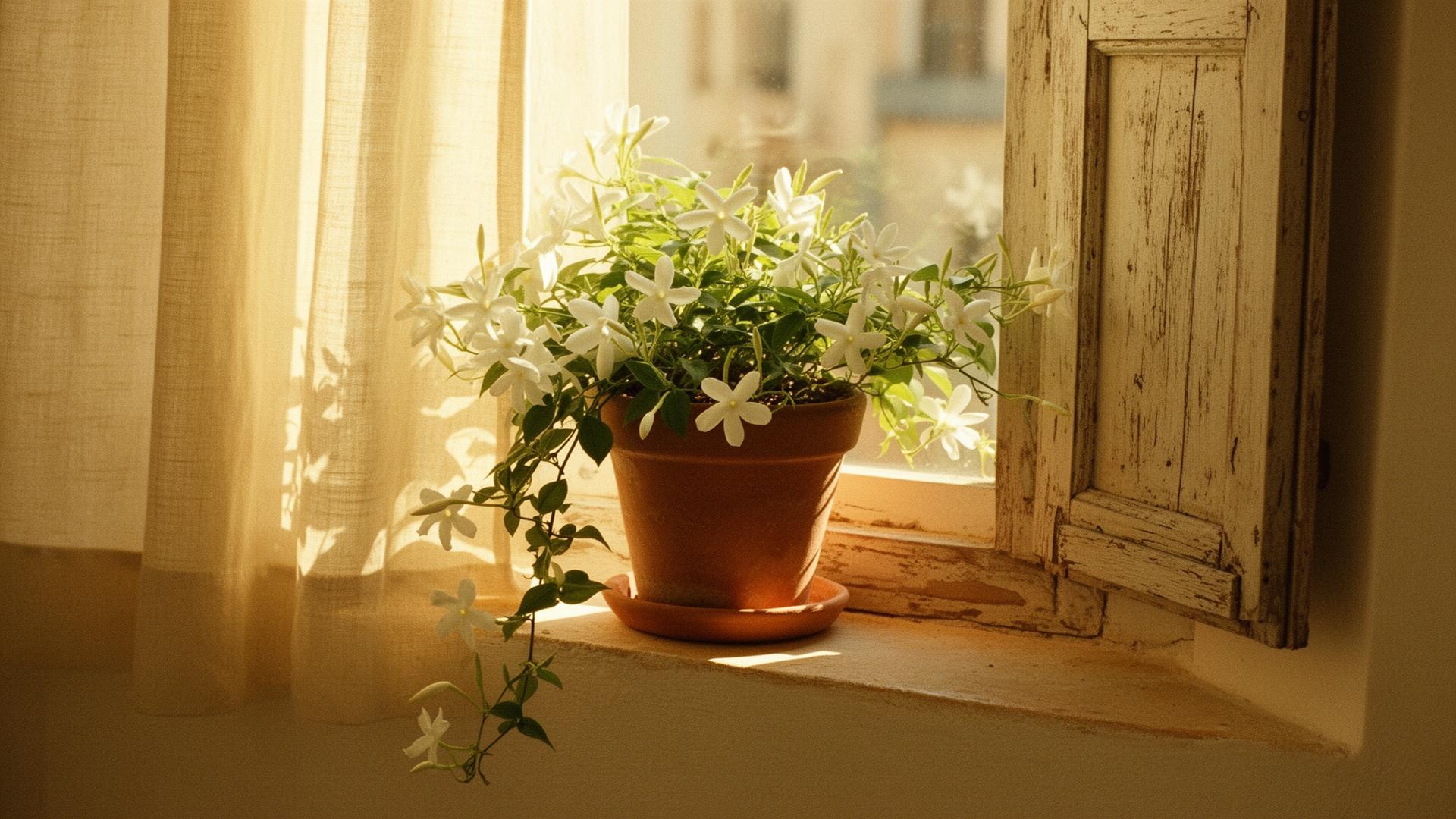 Pequeña planta de jazmín en una maceta de terracota junto a una ventana