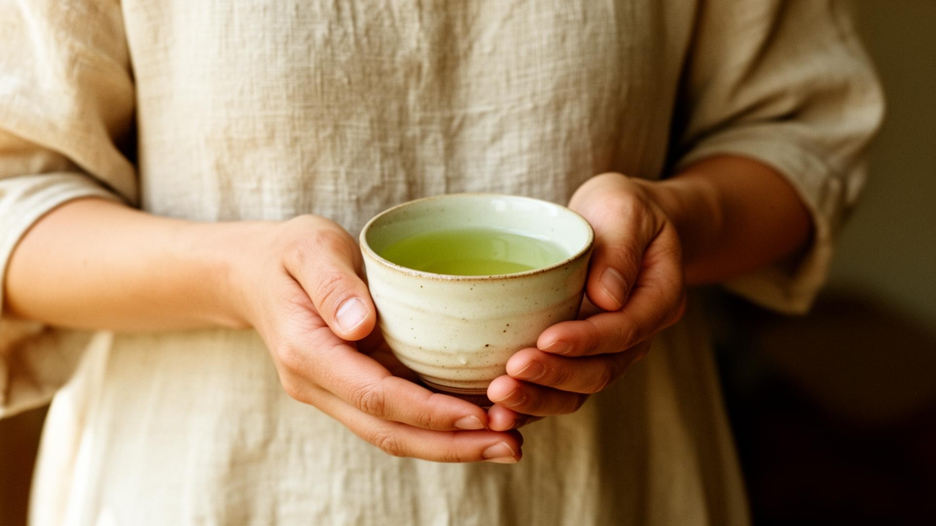 Manos sosteniendo una pequeña taza de cerámica con té verde